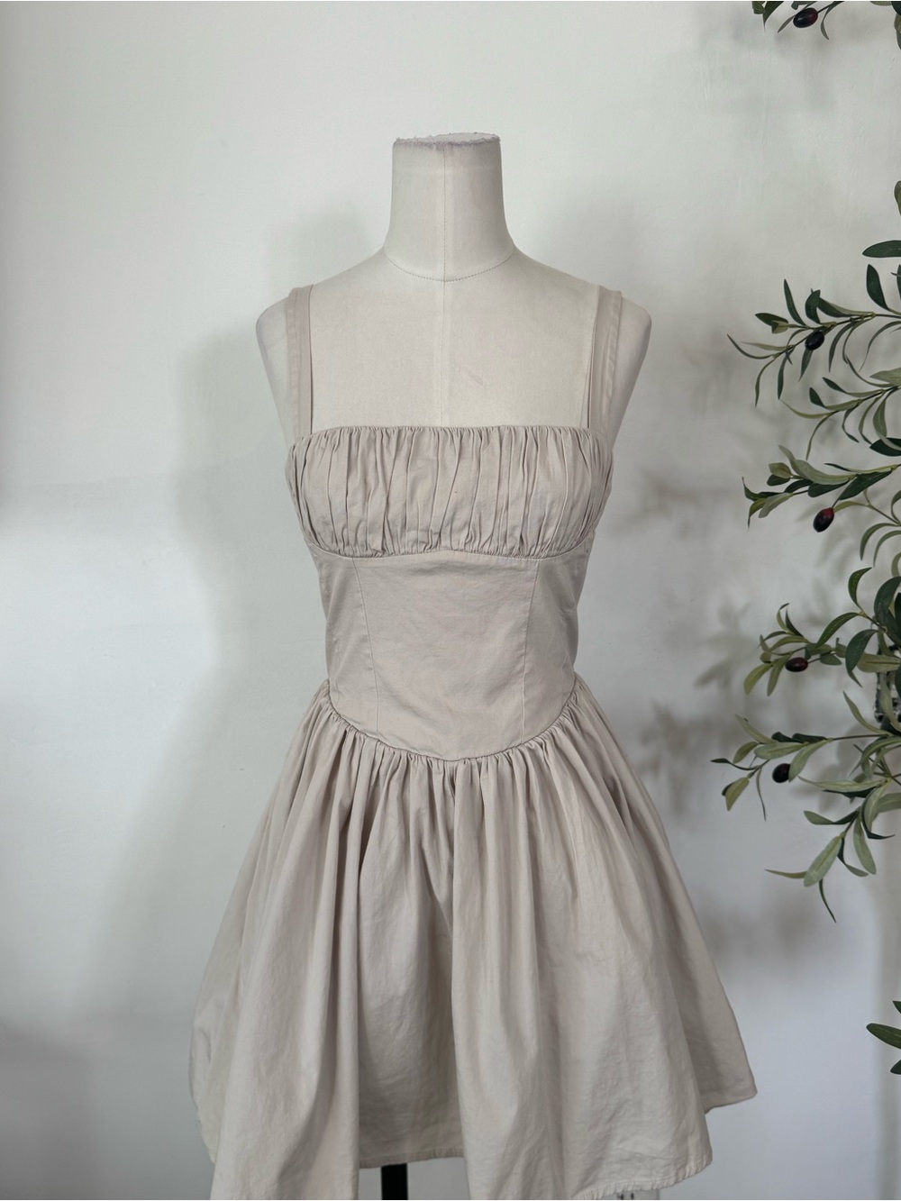 Zara Women’s XS Beige Cotton Corset Mini Dress Cottagecore Fit & Flare